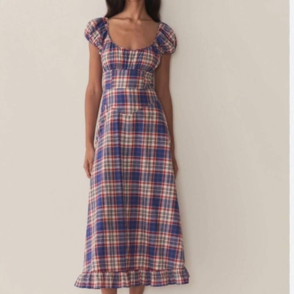 Doen Blue and Red Plaid Puff-Sleeve Maxi Dress